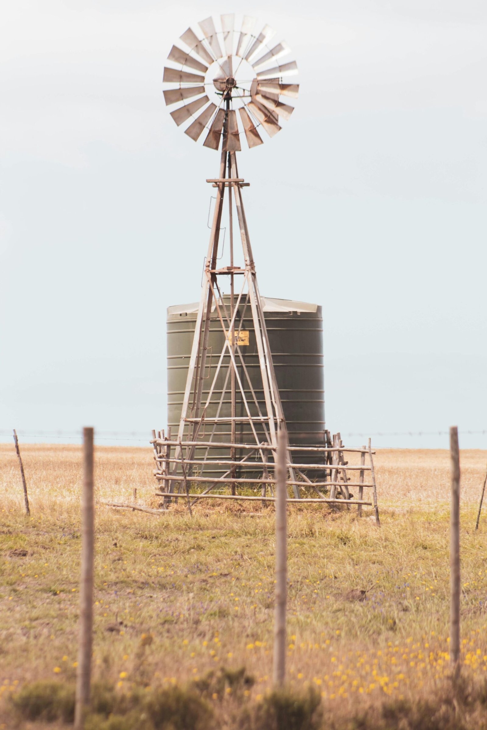 A rustic windmill stands in a grassy rural landscape, showcasing sustainable energy.